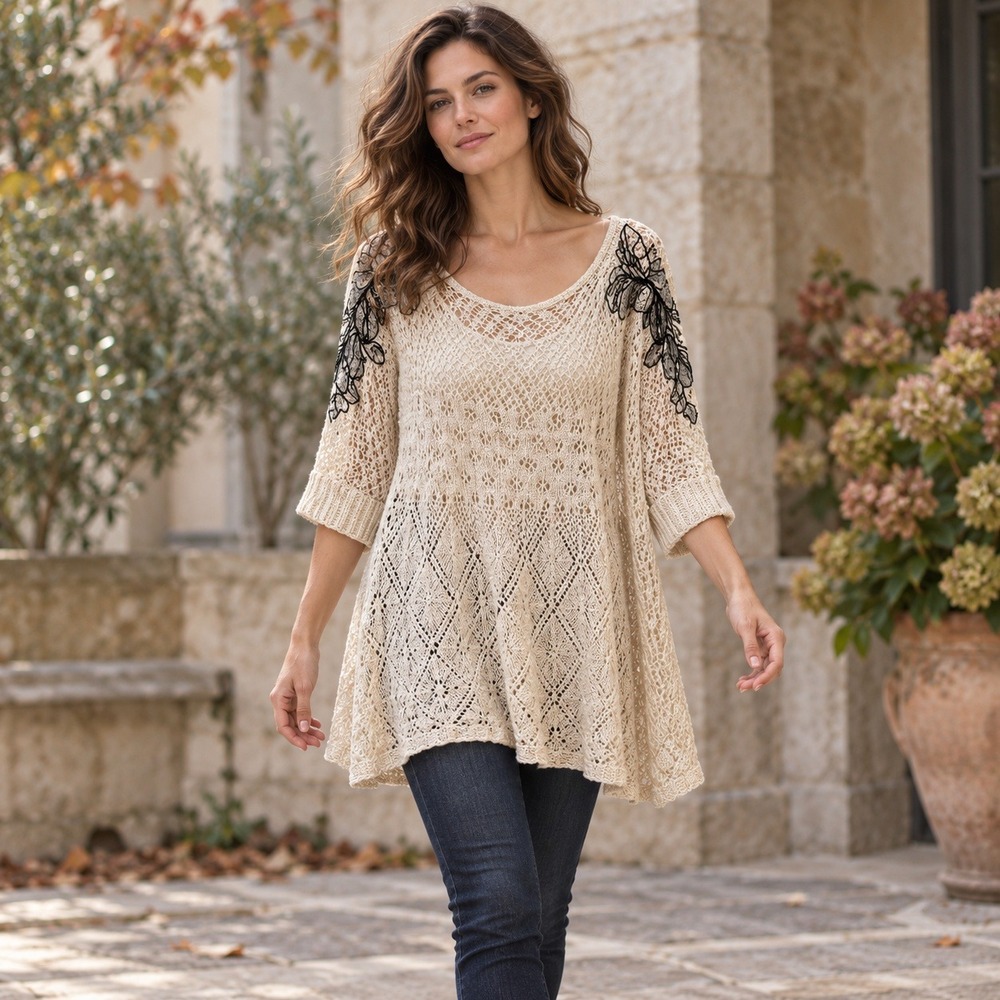 Knitted & Knotted Anthropologie Launa Poncho Sweater Women M/L Cream Embroidered